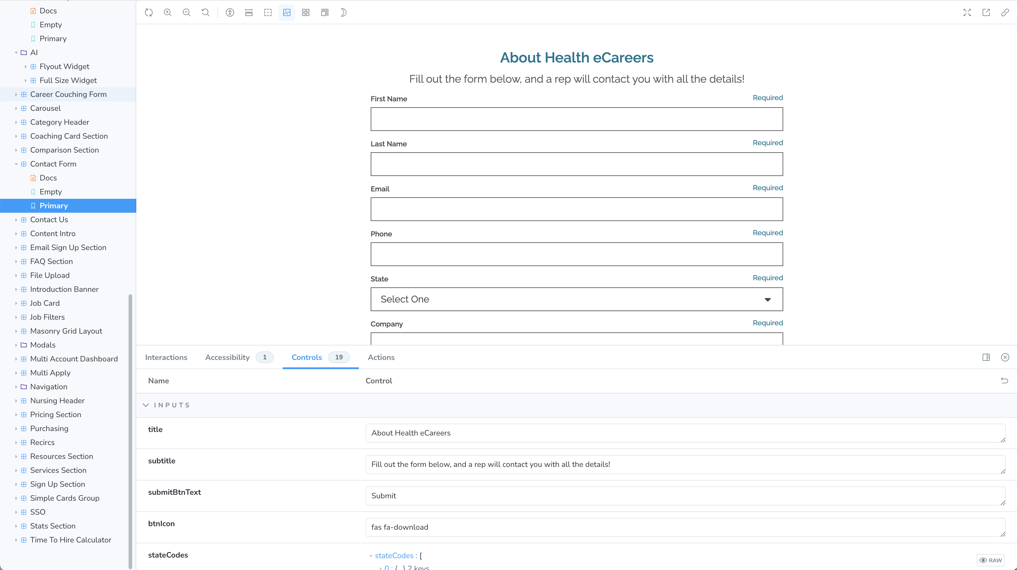 contact form library components in storybook
