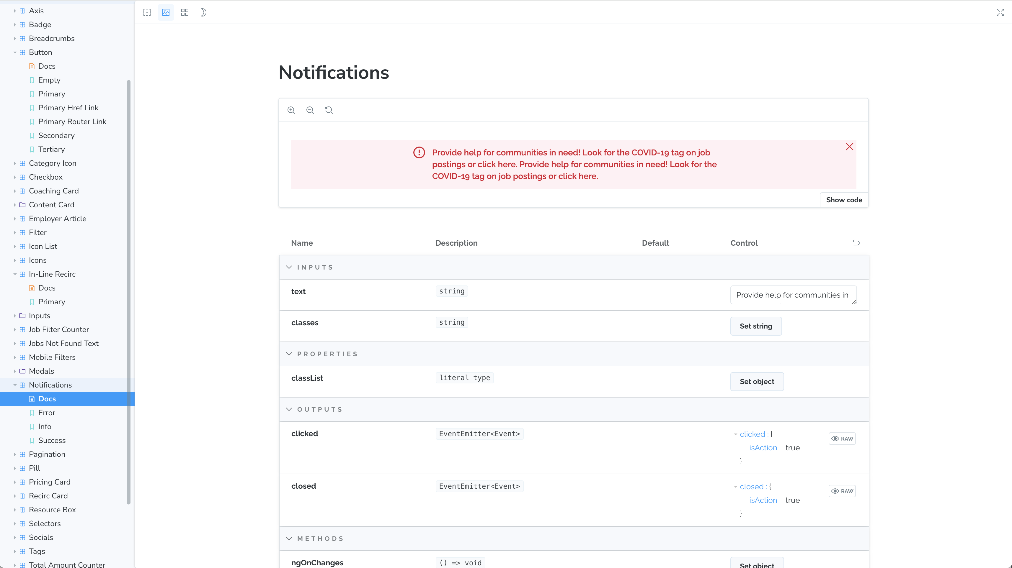 notification library components in storybook