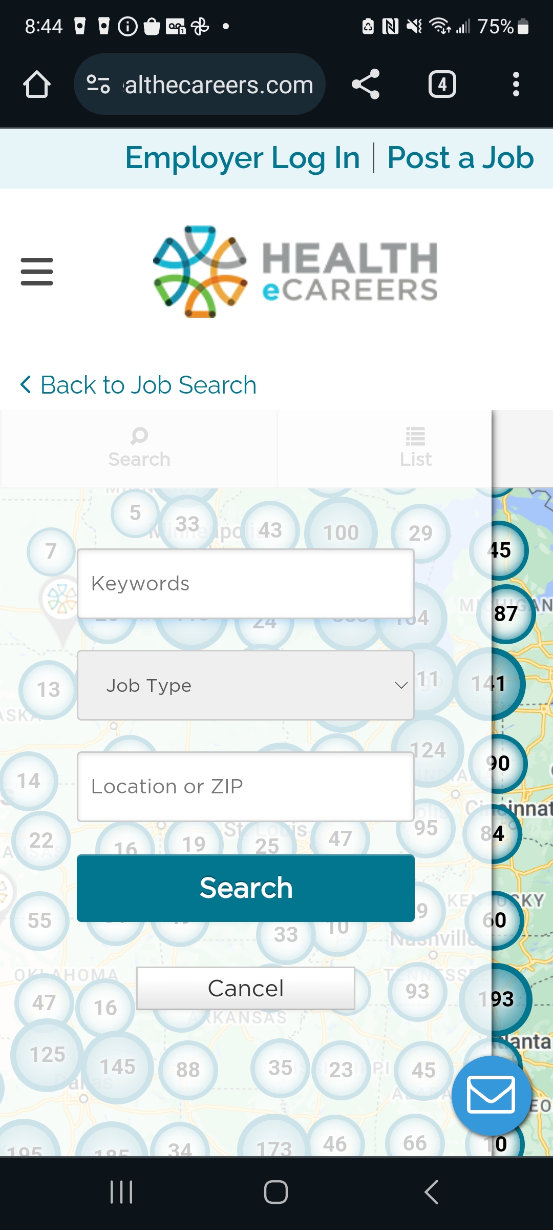 the mobile version of the previous map search with filters