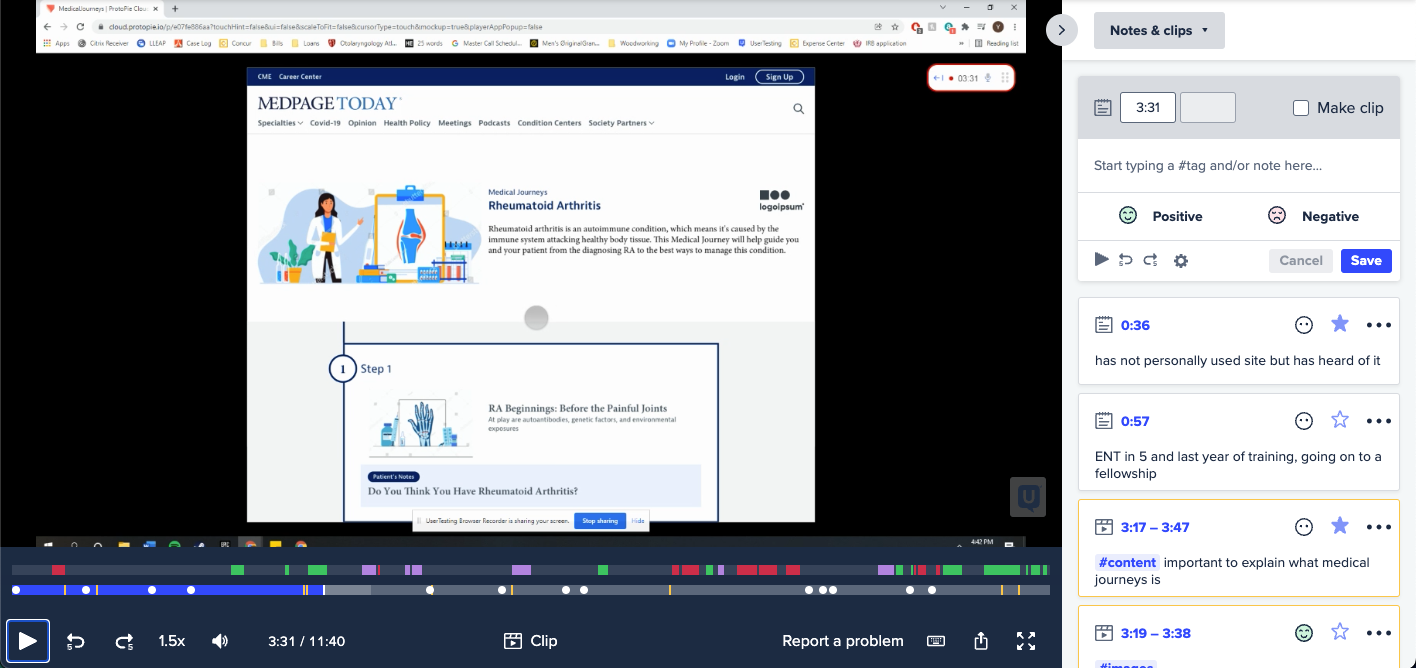 Screenshot from a user testing session